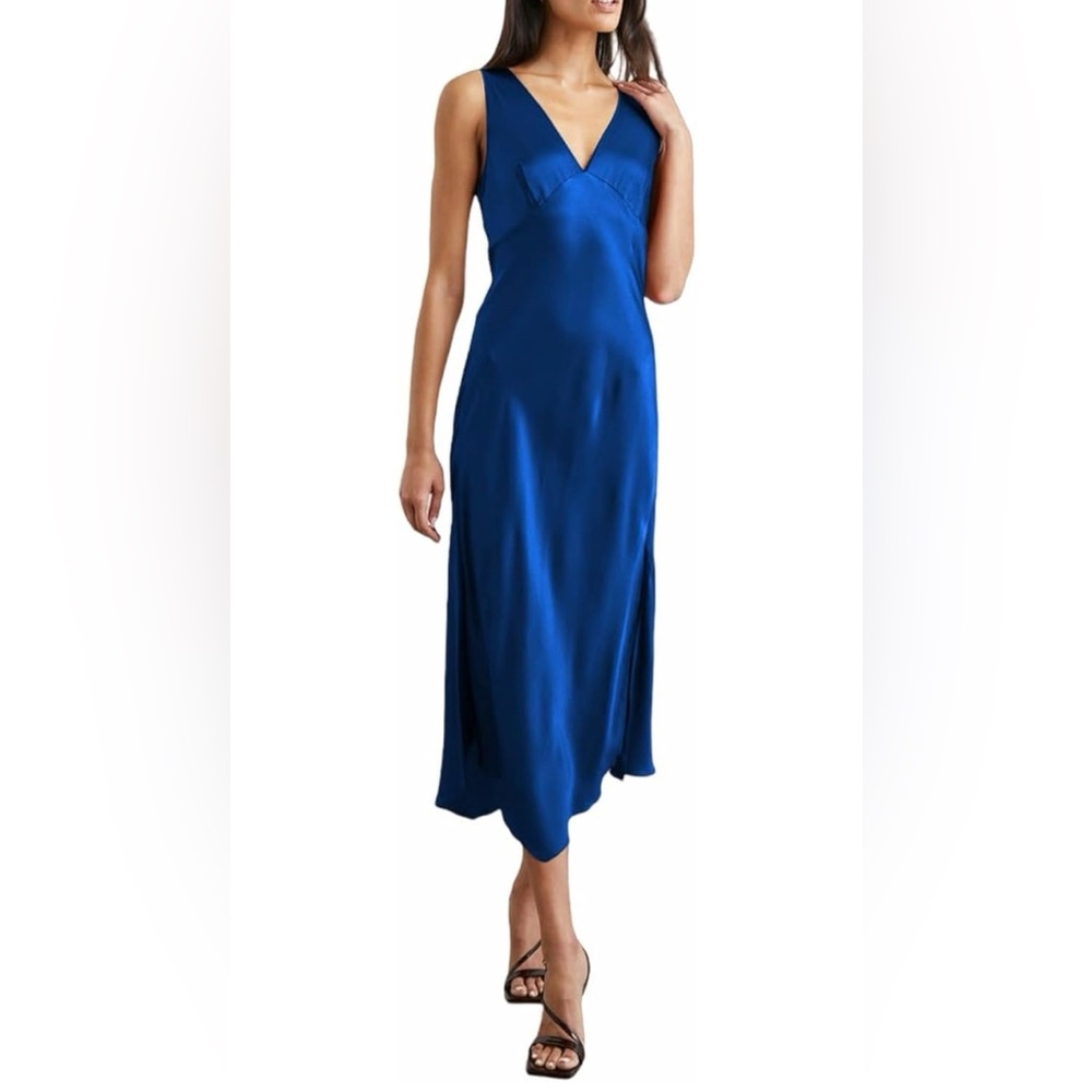 Agosak Elegant V Neck Satin Navy Blue Sleeveless Dress NWT
